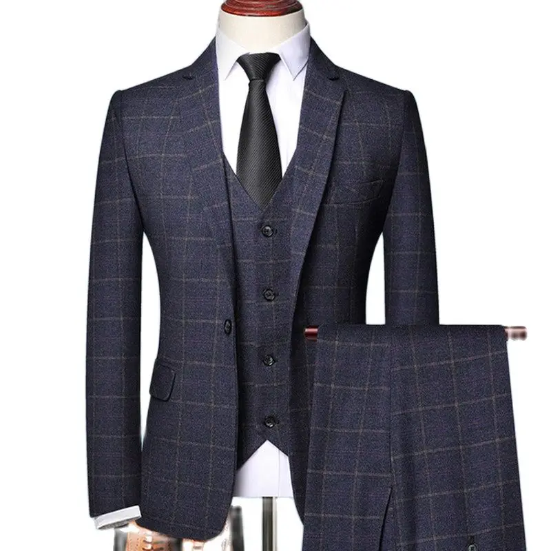 

2022 Male Formal Business Navy Blue Tweed Plaid Notch Lapel One Button Suit For Men's Fashion Boutique Wedding Slim Fit Dress 3
