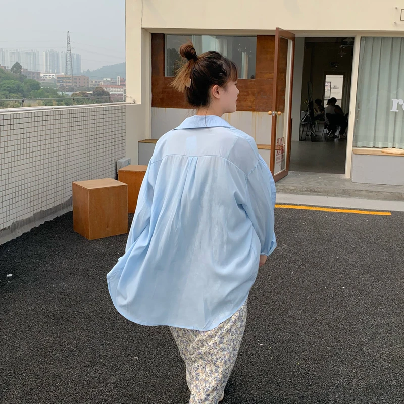 

Spring Summer Women Korean Thin Blouse Shirts Casual Lapel Collar Long Sleeve Solid Color Chic Clothing Female Sunscreen Tops