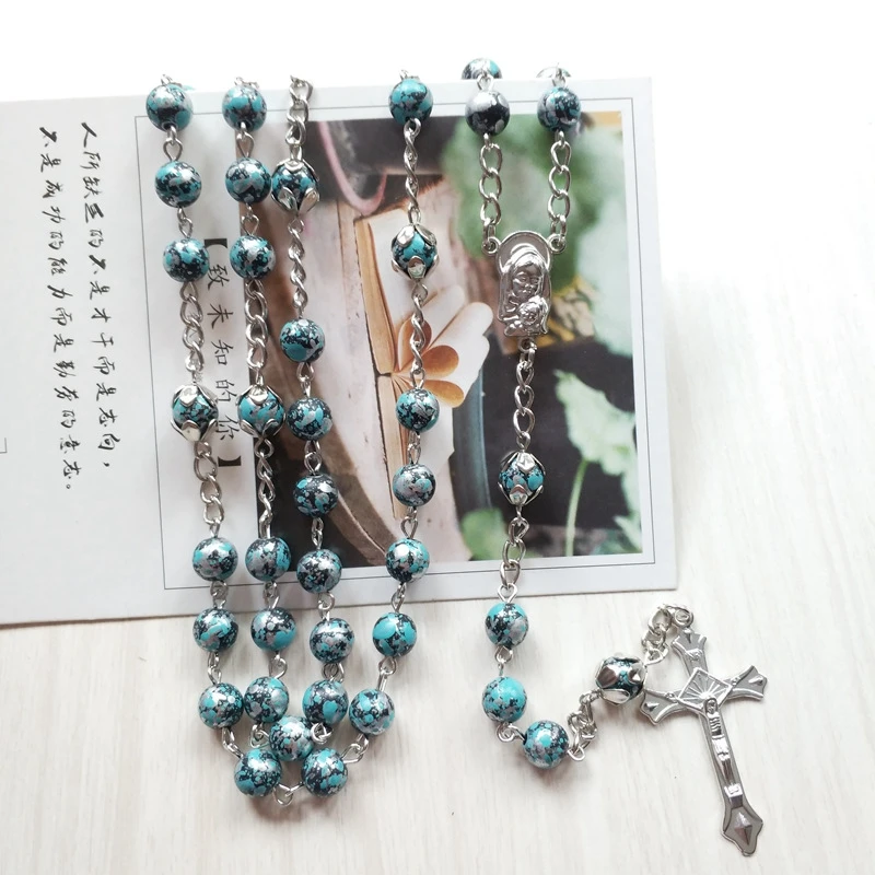 Ожерелье QIGO с зеленым акриловым длинным кулоном религиозный крест Розария