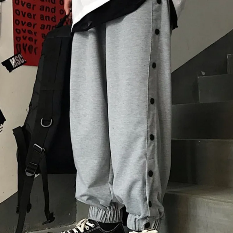 

Spring Sweatpants Men's Fashion Solid Color Button Track Pants Men Streetwear Wild Loose Hip Hop Straight Trousers Mens M-XL