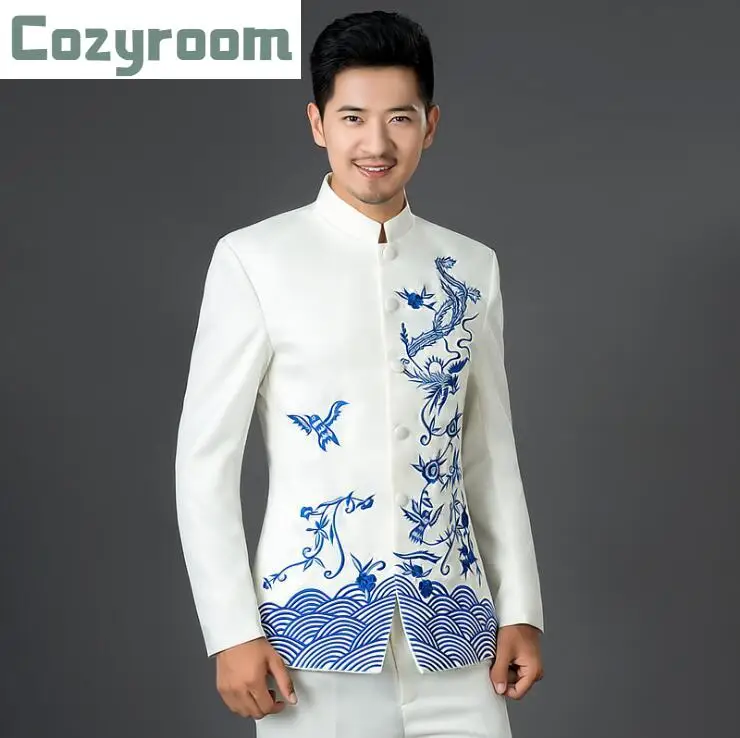 

(Jacket+Pant) Hot Men's Slim Groom Tuxedos New Chinese style blue and white porcelain Embroidery Fashion Suits Dress Men costume