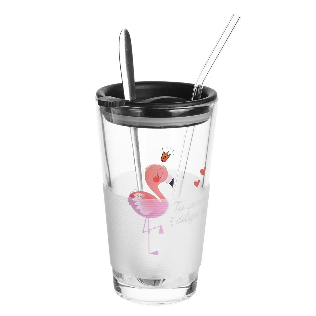 

Original Transparent Home Glass With Lid Large Capacity Scale Milk Cup 450ml Flamingo