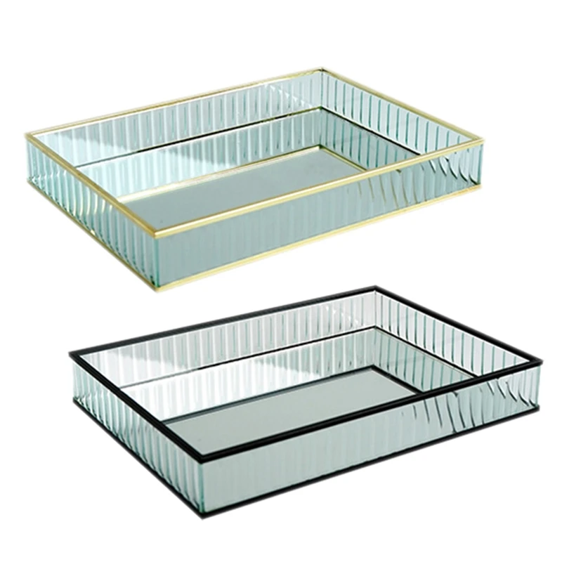 

Glass Mirror Tray Gold Metal Edge Red Wine Plate Decorating Storage Tray Cake Tools Home Decoration