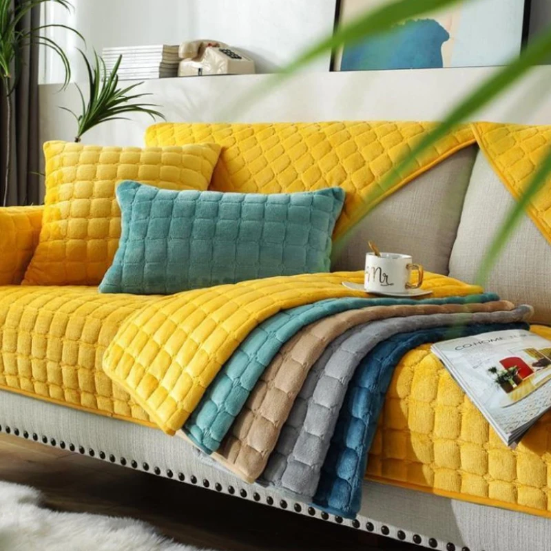 

Thicken Plush Sofa Cover Soft Sofa Towel Cushion Solid Color Corner Sofa Covers For Living Room Decor Slip Resistant Couch Cover