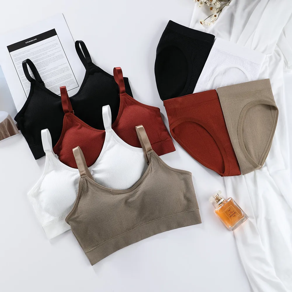 

Women Bra Panties Set Push Up Sports Bra Set Sexy Seamless Active Bra Thong Lingerie Set Solid Fitness Crop Top Underwear