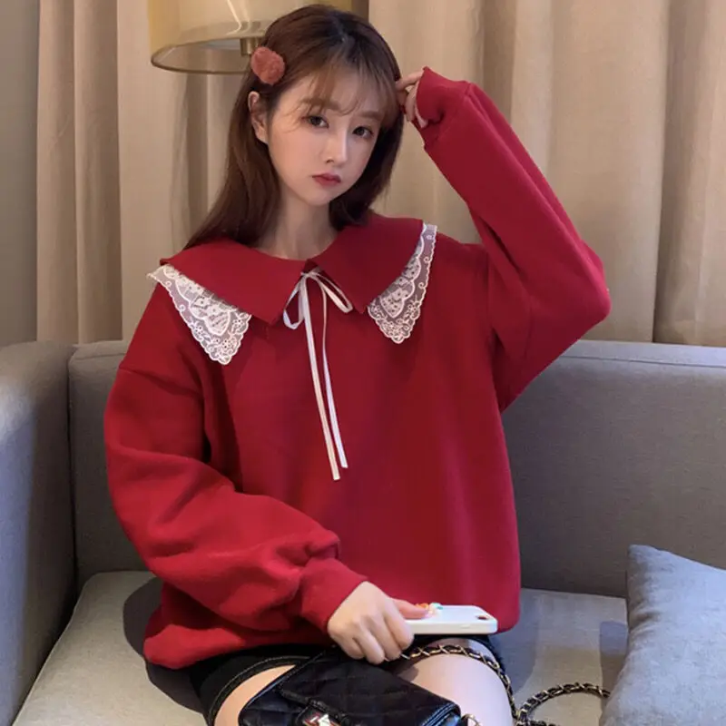 

2020 New Women Lace Sweatshirt Sweet Students Hoodie Female Elegant Loose Fashion Patchwork Casual Pullovers Versatile E278