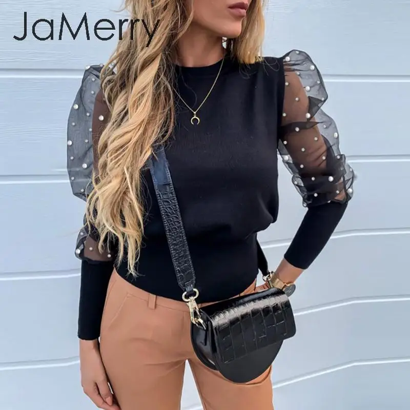 Женская элегантная сетчатая блузка JaMerry осенняя трикотажная рубашка с буффами на