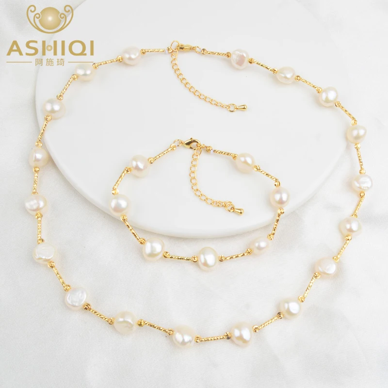 

ASHIQI Natural Freshwater Pearl Jewelry Set Necklace Bracelet for Women NE+BR