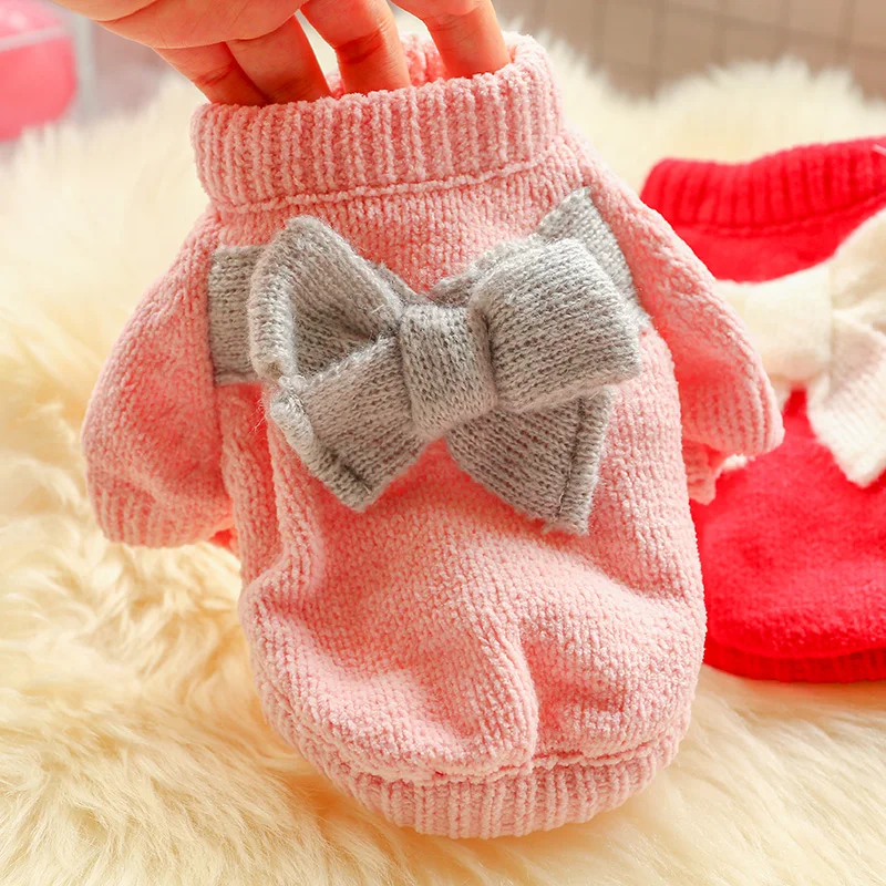 Pink Bowknot Джемпер для собаки, Осенний цветочный плед, плюшевый чихуахуа, свитер для питомца, вязаная теплая одежда для собак - Цвет: Pink Bowknot