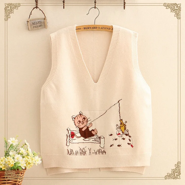 Повседневный милый жилет с мультяшным котом и рыбкой 5 цветов v образным вырезом