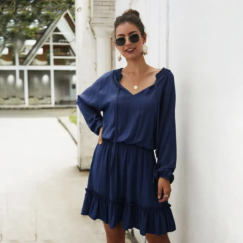 Belle Poque женские свободные платья с длинным рукавом v образный вырез одноцветные