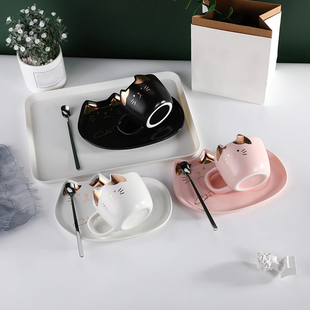 

Creative Cute Cat Teacup Porcelain Cappuccino Coffee Cup Saucer Spoon Coffee Milk Tea Mug Cup 200ml Gift for Girls, Girl Friend