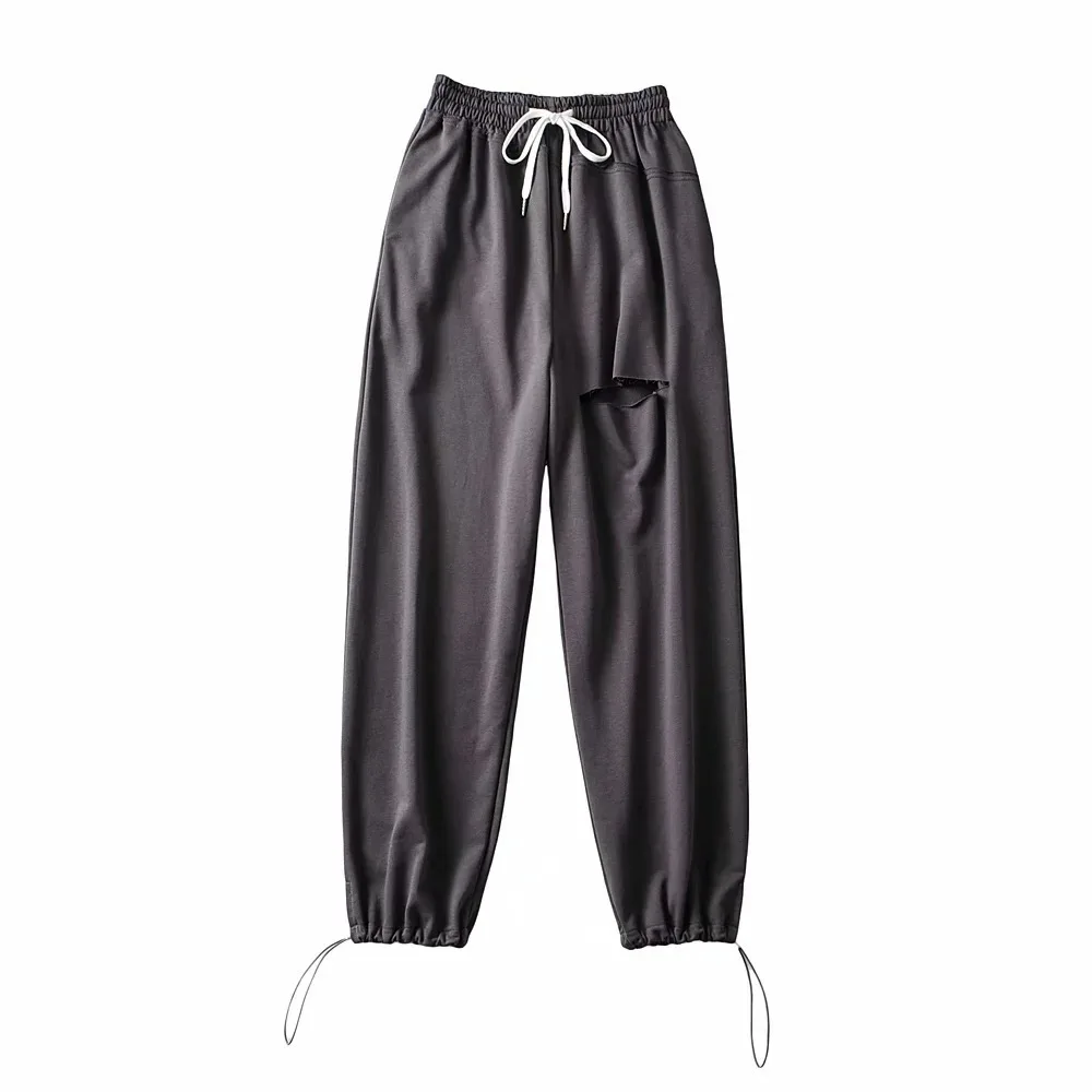 

High Waist Ripped Drawstring Sweatpants Women's Summer Thin High Street Loose Pants Female Sports Straight Leg Casual Trousers