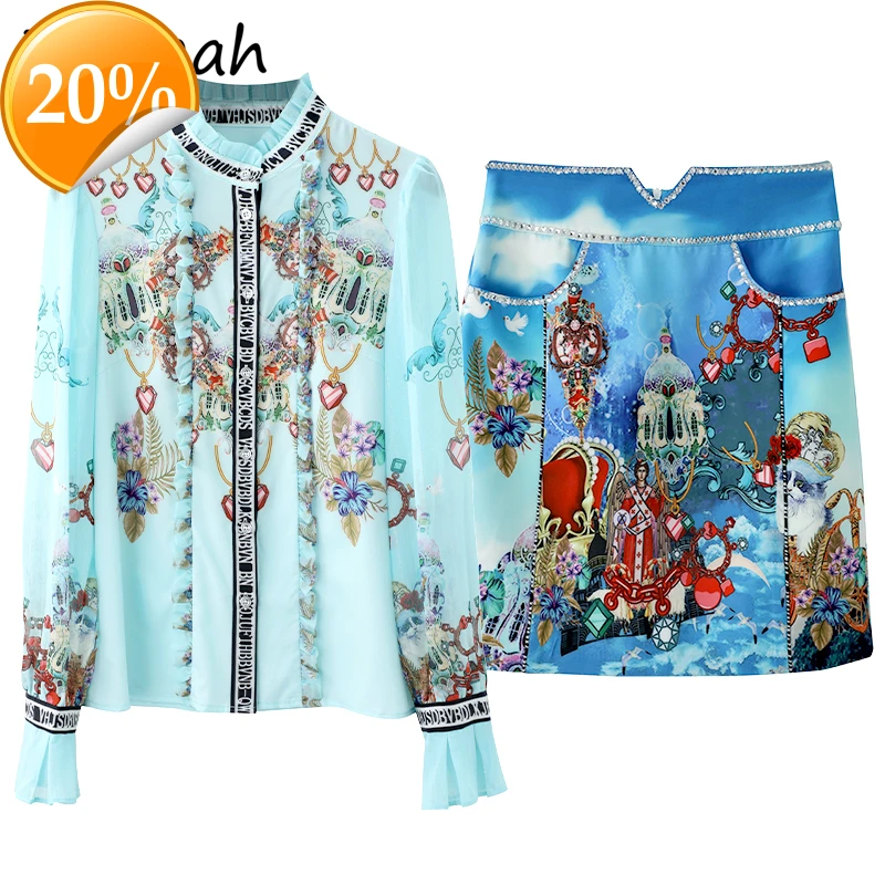 

Spring Women Fashion Designer Rock Set Flare Shell Loose blouses + High waist pressure Short skirts 2 Two suits