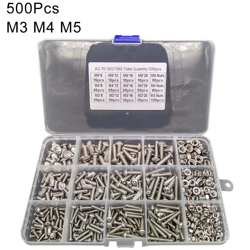 500Pcs M2 M3 M4 M5 Screws Socket Head 304 Countersunk Mounting Hardware Hexagonal Stainless Steel Bolt Nut Kit | Обустройство дома