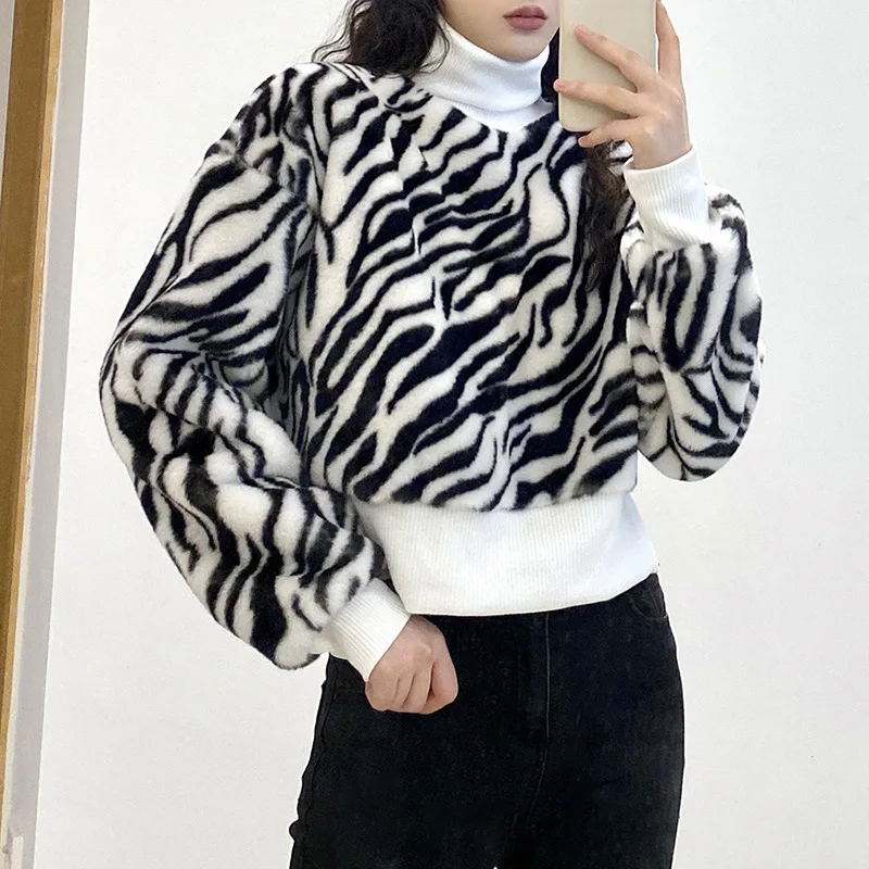 

Fashion Sweatshirt Women Casual Turtleneck Pullover Top Autumn Winter Long Sleeve Animal Print Loose Streetwear Tops