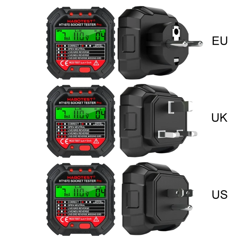 

HT107 Socket Tester Voltage Test EU/UK/US Plug Line Tester RCD Voltage Measure LCD Display Socket Tester for Leakage Protection