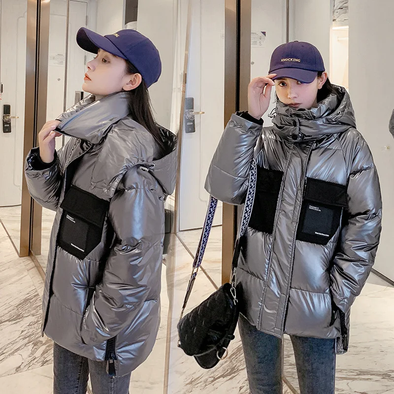 

Women Medium long Winter Jacket Glossy Letter Placket Hooded BIO Down Coat Oversize Cotton padded Parkas Casaco Feminino Mujer