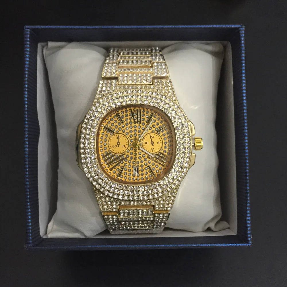 Часы наручные мужские в стиле хип хоп роскошные стильные ювелирные украшения с