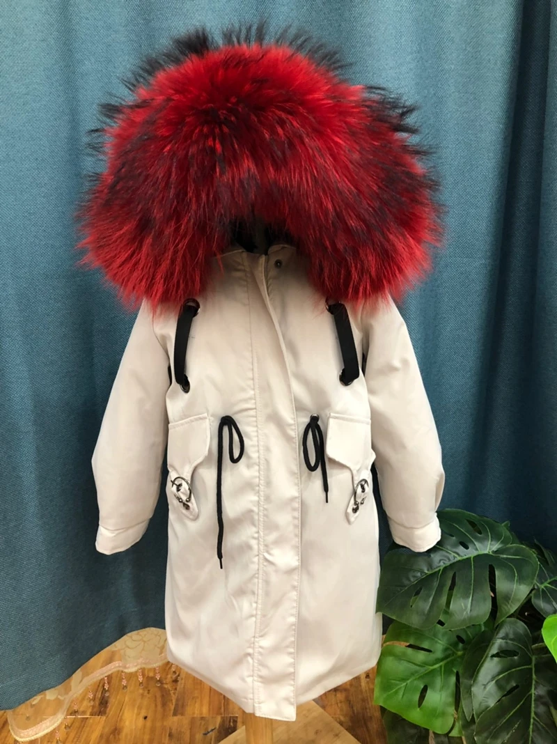 Beige Red B Новинка года; зимние меховые куртки для мальчиков и девочек плотное длинное пальто с натуральным кроличьим мехом; детская верхняя одежда; теплая детская парка с рукавами; TZ343 - Цвет: Beige Red B