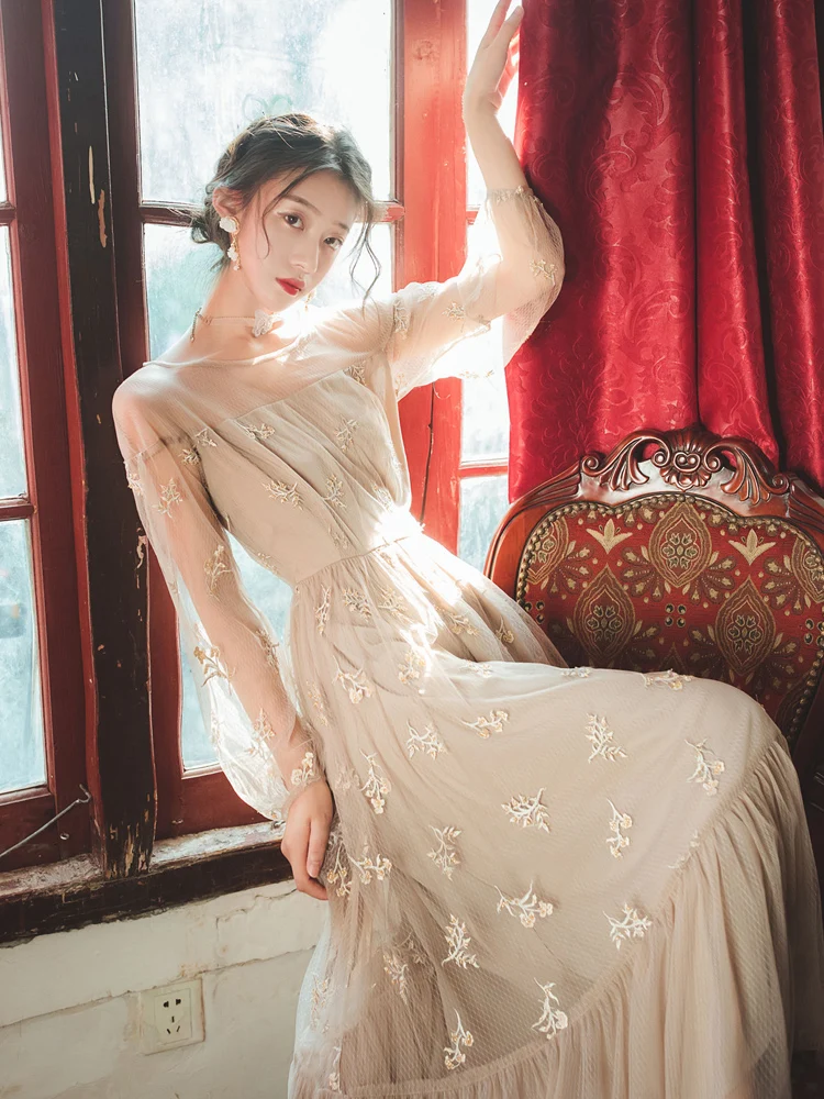 

YAMDI 2020 sexy summer dresses women party vintage dress long sleeve elegant runway boho a-line mesh lace o neck elegant vestido