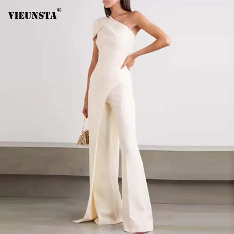 

Женский комбинезон на одно плечо, элегантный однотонный комбинезон вечерние косым воротником и открытой спиной