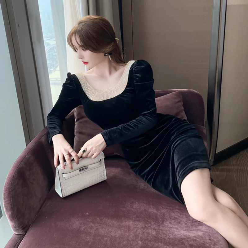 

new arrival fashion spring midi party dress women OL temperament sexy backless beading vintage black velvet night club dress