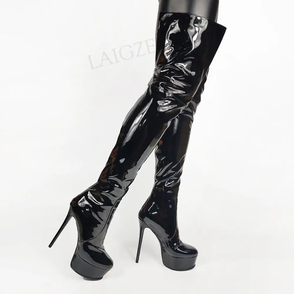 BERZIMER/женские ботфорты до бедра Черные лакированные сапоги выше колена Женская