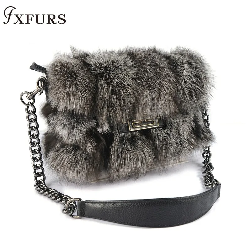2020 Women Real Silver Fox Fur Handbags Black Fox Fur Bags New Fashion Winter New Crossbody Single Shoulder Head Layer Cowhide