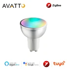 Умный Светодиодный прожектор AVATTO Tuya Zigbee Gu10, лампа RGB 5 Вт с дистанционным управлением голосом, работает с Alexa Google Home