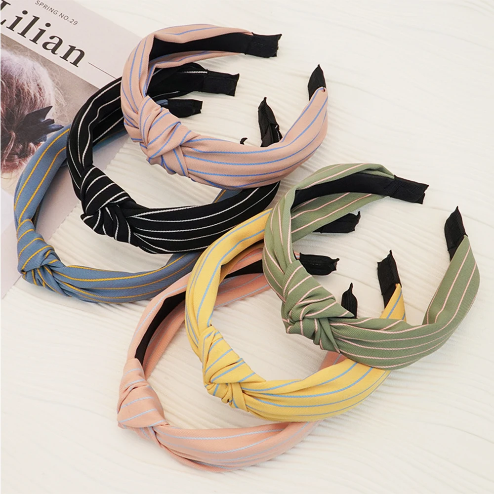 

New stripe Solid color Hair Hoop Women Thick cotton cloth Headband Knotted Hair Band ladies Hair Accessories FG422