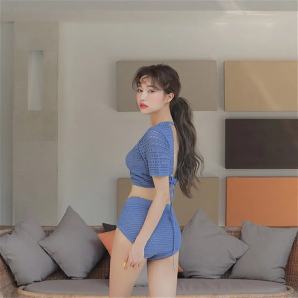 Сексуальный трикотажный бикини женский однотонный купальник с открытой спиной