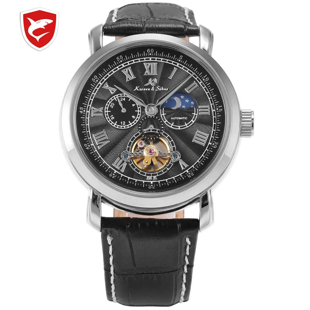Navigator KS, спортивные часы, золотой чехол, автоматический, с защитой от солнца, Луны, дня и ночи, с кожаным ремешком, мужские механические часы Mirar - Цвет: KS222
