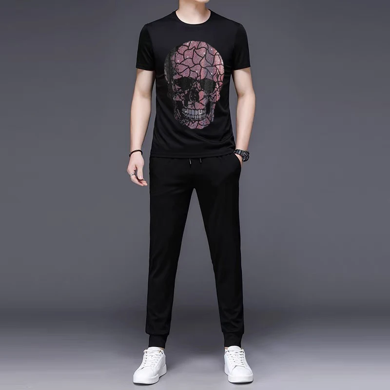 

Extra Large Spring And Summer New Men's Hot Drill Skull Two-Piece T-Shirt + Slim Trousers Fashion Black Light Track Suit