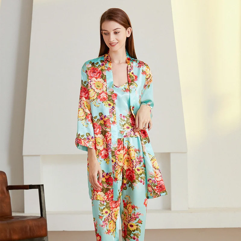 

Lisacmvpnel Four Seasons 3 Pcs Printed Women Pajamas Suit Ice Silk Green Long Sleeved Trousers Loose Casual Pyjamas
