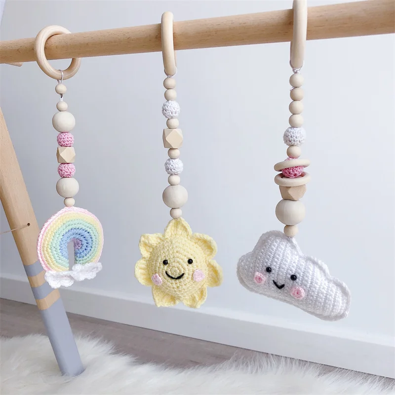1Set Baby Gym Wood Crochet Cloud Sun Teething Toy Play Gym Set Baby Shower Gift Toys For Newborn Kids Room Hanging Pendant Decor