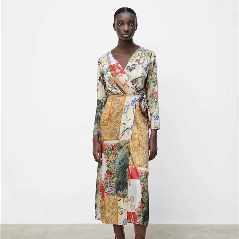 

New Spring Women Print Dress Lace Waist Long Sleeve Causal Dress For Female Loose Dress Clothes