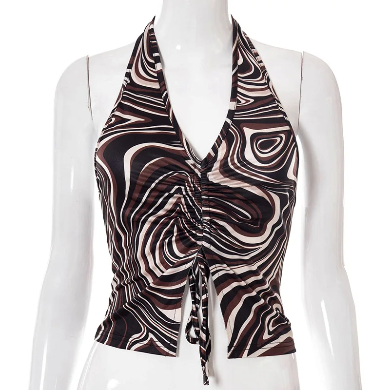 

Vogue New Women's Printed Halter Tie Open Back And Navel Temperament Slim Top Women Streetwear