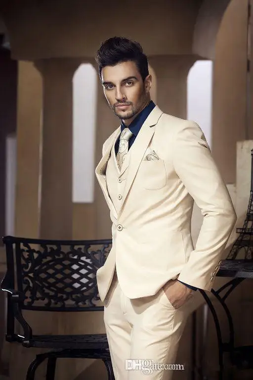 

Новый дизайн пиджака и брюк Fad, бежевый Свадебный костюм для мужчин, костюм, жакет для жениха, облегающий смокинг из 3 предметов, индивидуальн...