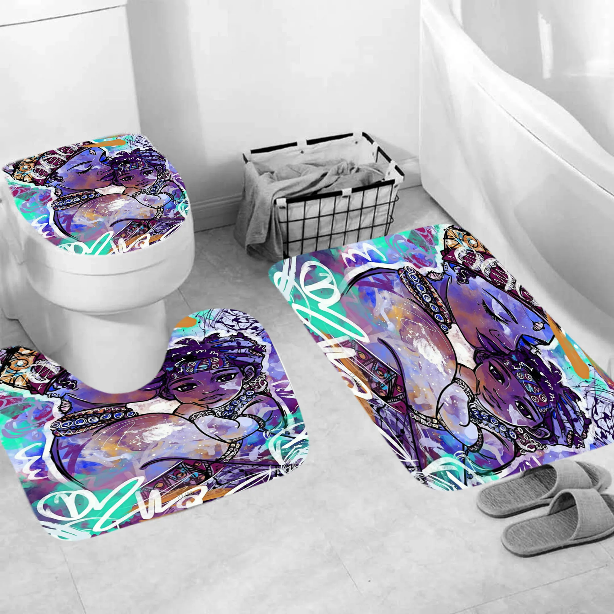 

African American Girls Print Non-Slip Polyester Bath Mat Toilet Cover Waterproof Quick-Drying U Shape Mat Bathroom Accessories