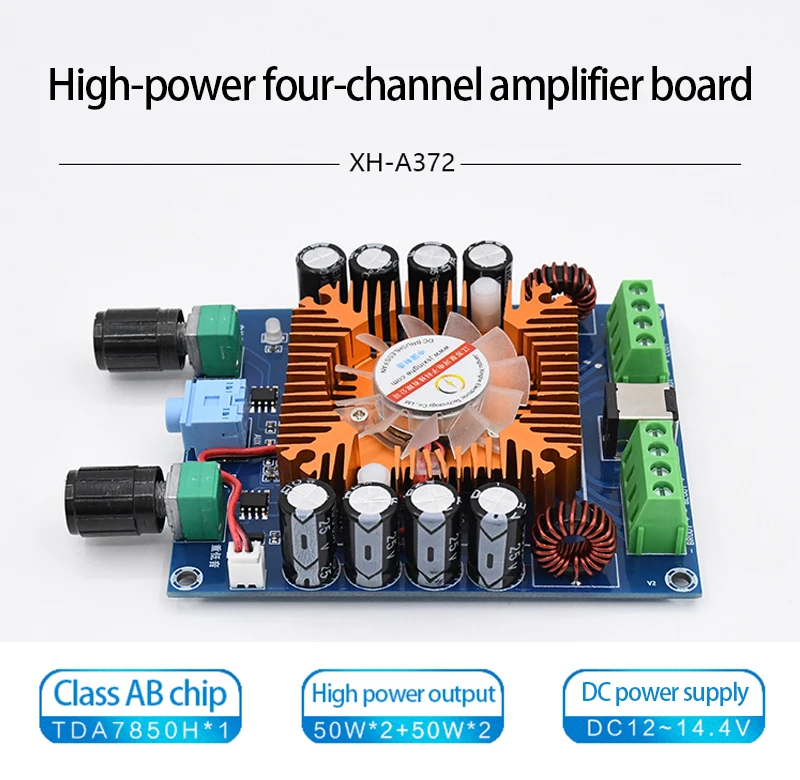 KYYSLB DC12~14.4V 4*50W XH-A372 High Power 4 Channel Output Amplifier Board Automotive Grade TDA7850 Digital Amplifier Board