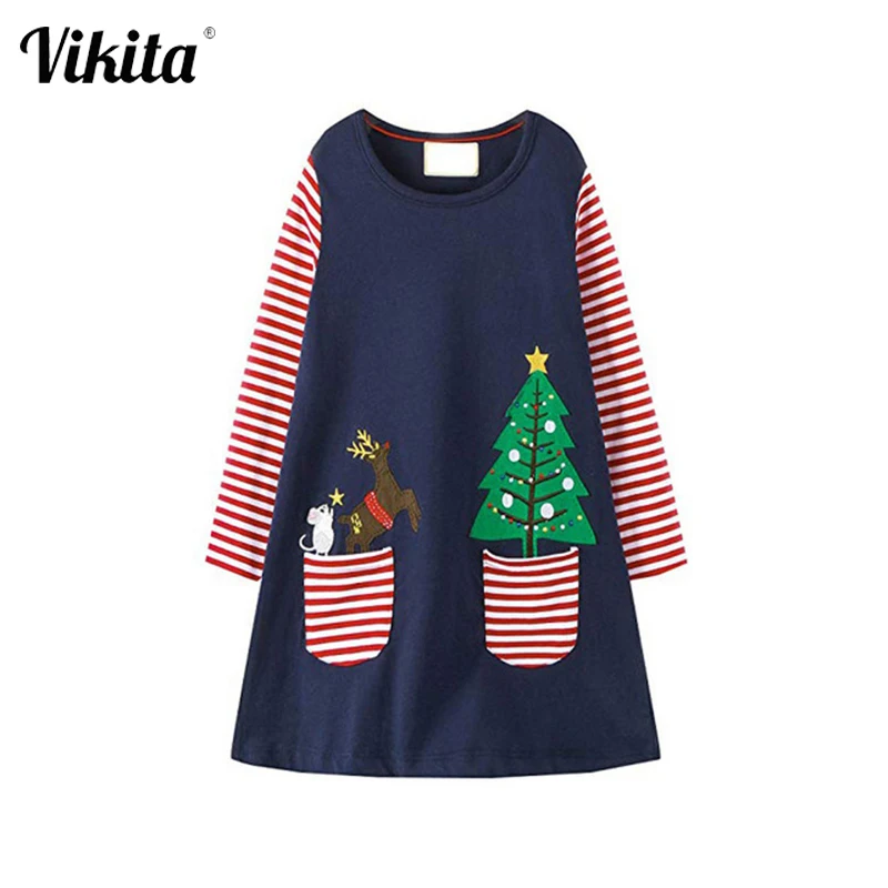 VIKITA Brand Baby Girls Christmas Clothes Autumn Winter Dresses Long Sleeve Kids Cartoon Costumes Children Clothing | Детская одежда и