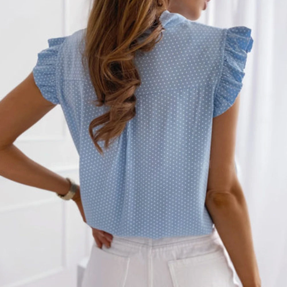 

Women Polka Dot Print Shirts Sexy Ruffles Loose Fit Sleeveless Bowknot Deep V-neck Bandage Tops Shirt Summer Holiday Streetwear
