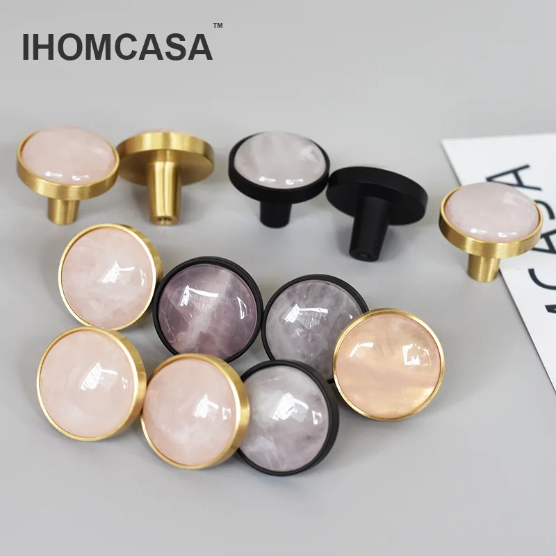 

IHOMCASA Natural Crystal Stone Brass Furniture Handles Door Cabinet Pulls Wardrobe Cupboard Drawer Knobs Kitchen Accessories