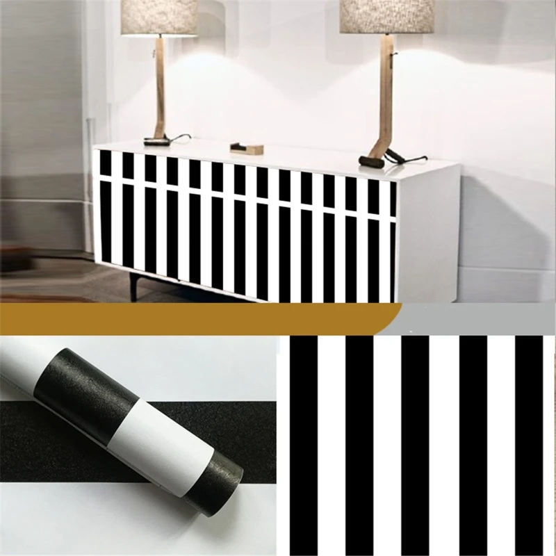

Modern 45cmx10m PVC Black White Striped Self-adhesive Wallpaper Contract Wall