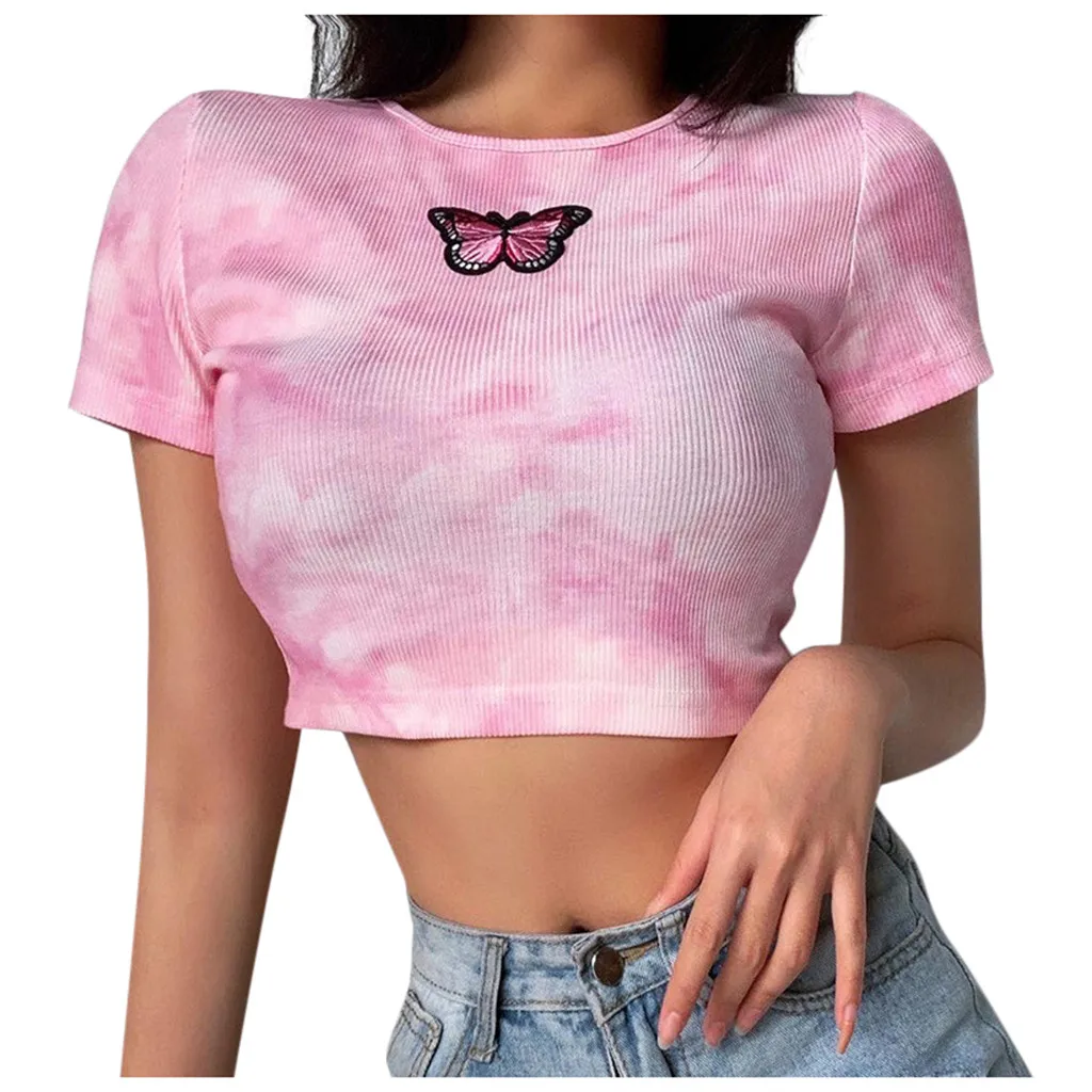 Футболка женская с принтом модный кроп топ коротким рукавом облегающая футболка