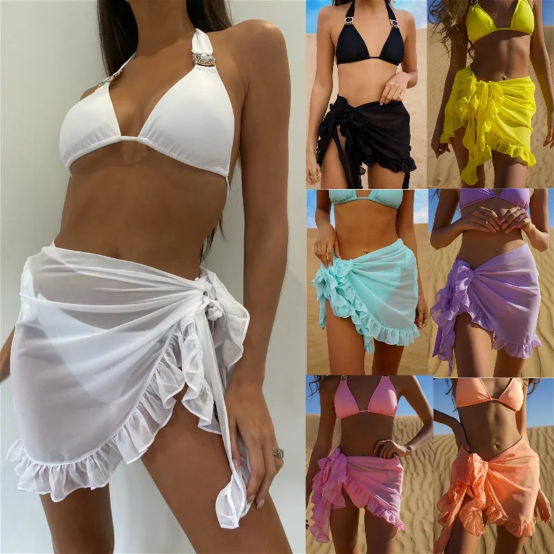 

2022 New Women Chiffon Swimwear Pareo Scarf Bikini Cover-Ups Wrap Kaftan Sarong Beach Sexy Skirts 9 Color Swimsuit Cover-Ups