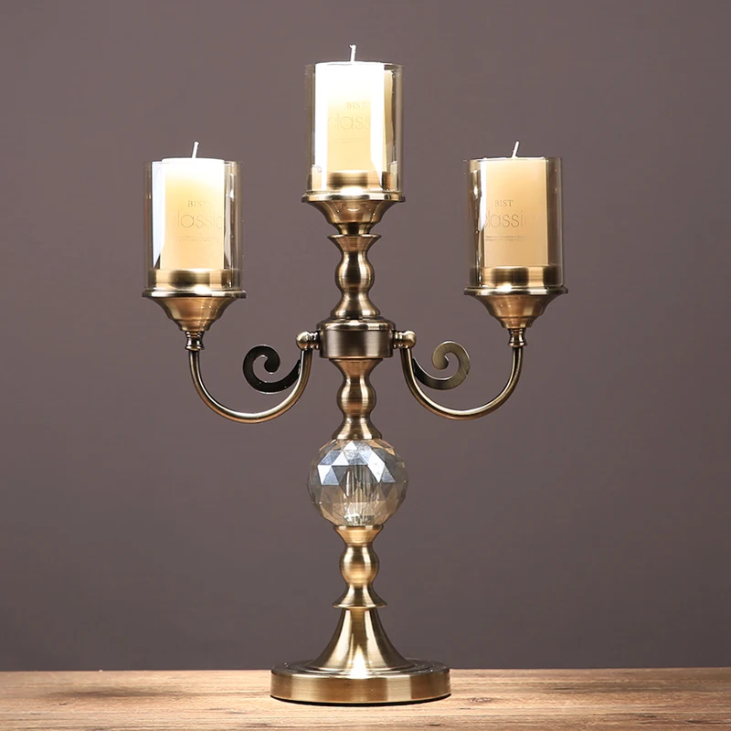 

American Creative Metal Glass Three-headed Candle Holder European-style Living Room Entrance Candlelight Dinner Table Decoration