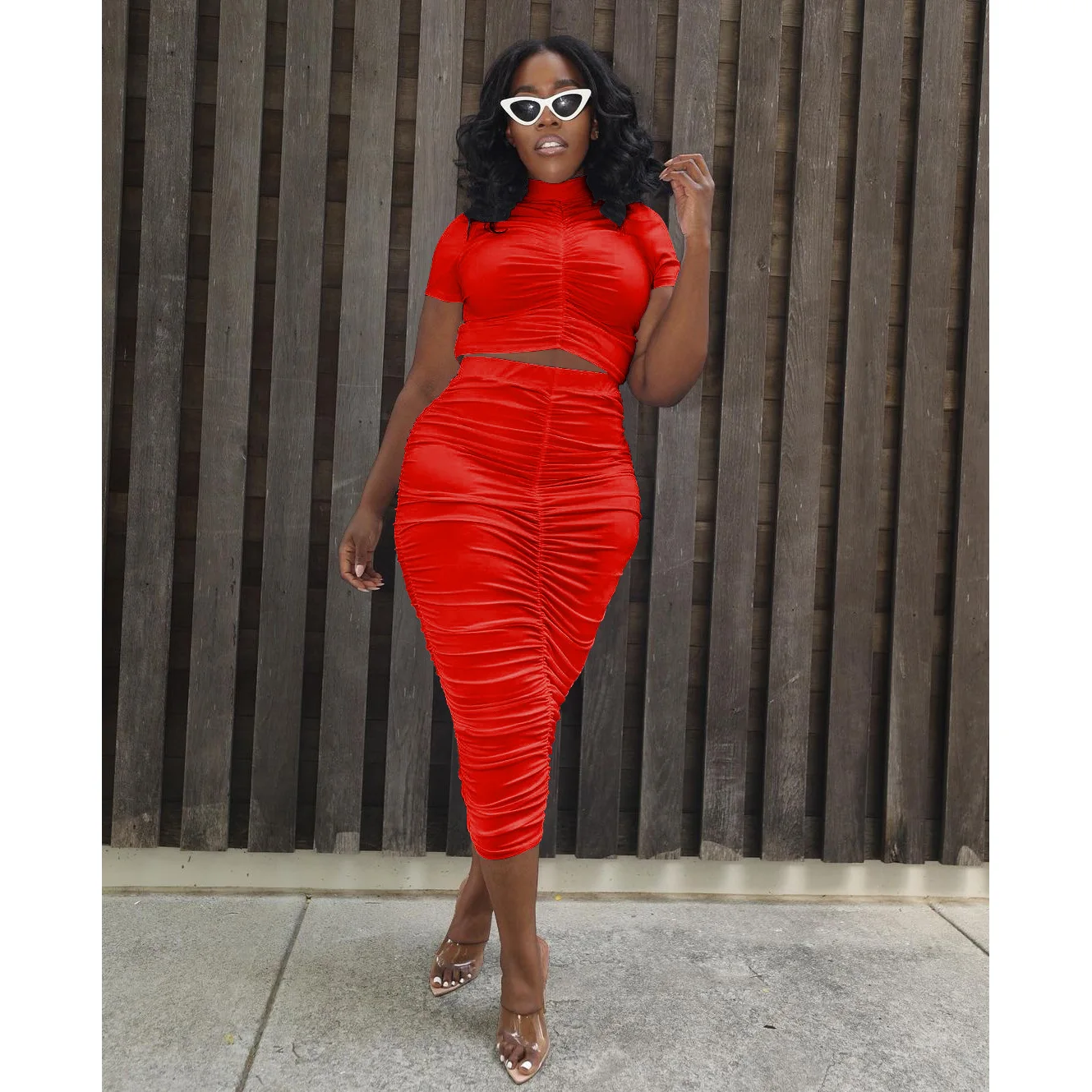 

Women's Summer Candy Color High Elastic Skirts 2 Piece Outfits Casual Ruched Crop Top Long Skirts Slim Two Piece Set Dress Suit