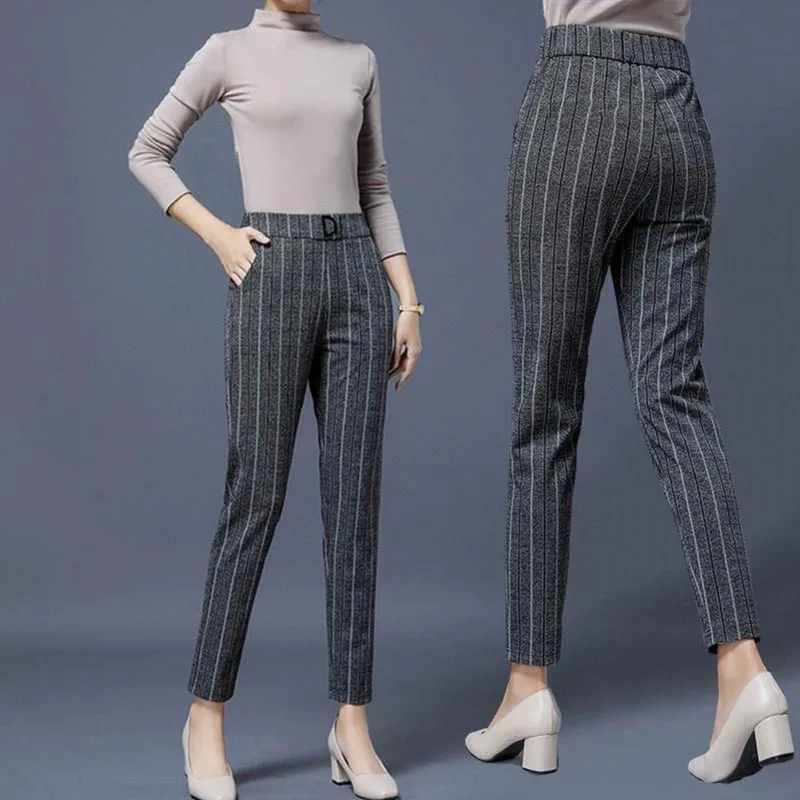 

Winter Women Harem Pants Full Length Pants Female Loose Casual Korean Thick Style Striped High Wrist Long Trouser KK0035